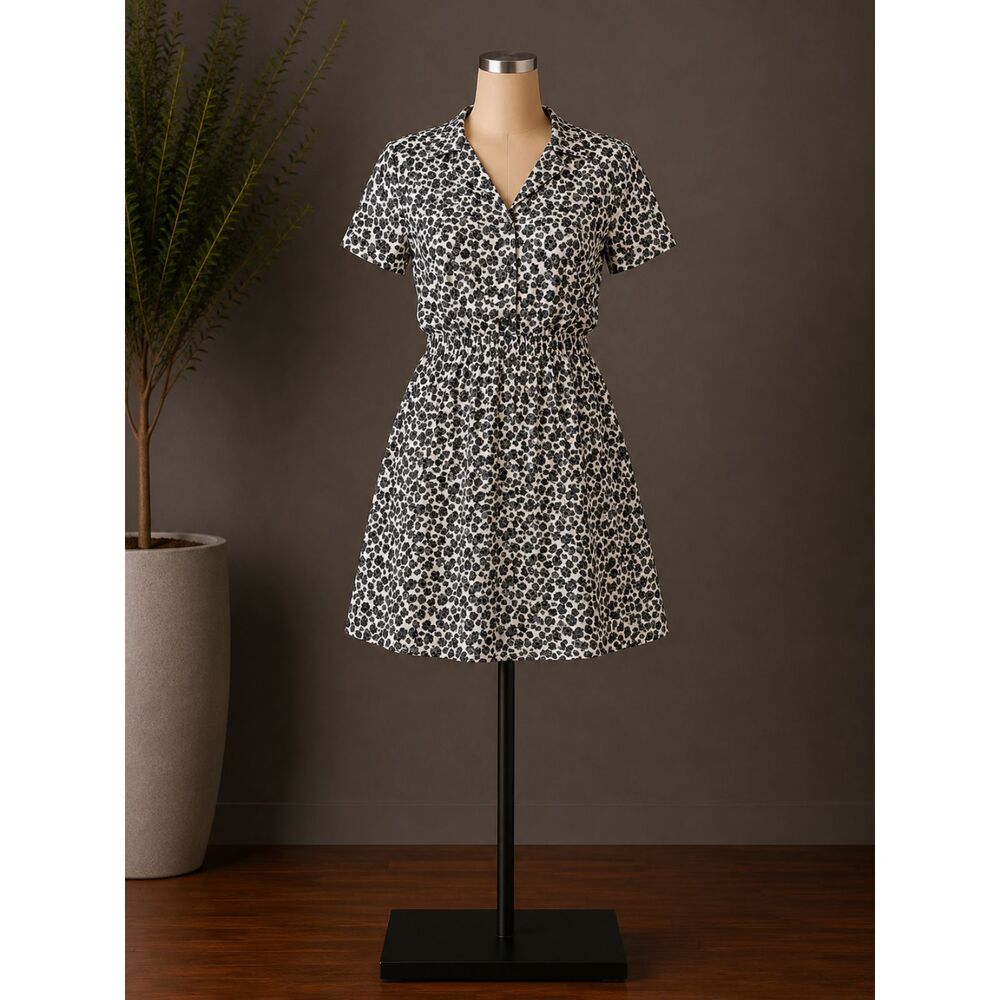 Vintage Black White Floral Midi Dress Women’s 14 Button Front Padded Shoulders